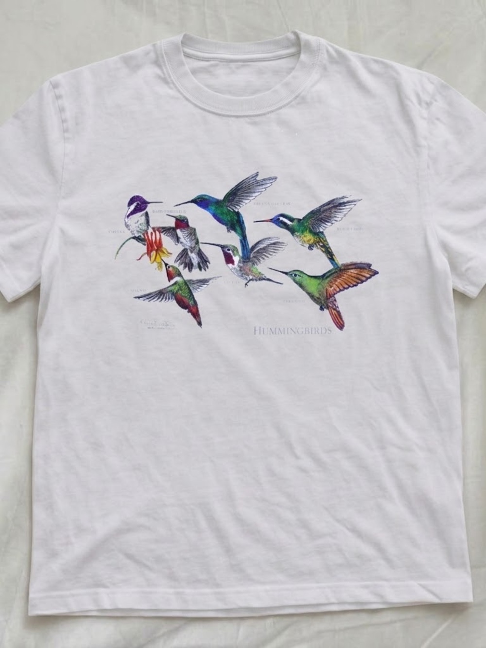 Gildan White Tee with Colorful Hummingbirds Graphic